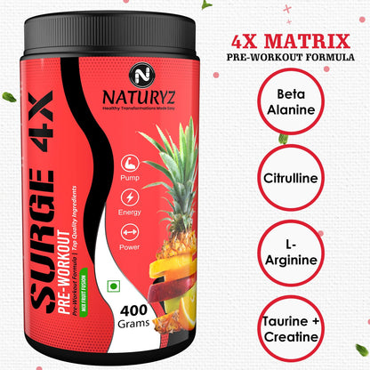 Naturyz Surge 4X Pre Workout, 400g Powder (Mix fruit fusion flavour) with 4000mg Beta-Alanine, 3500mg L- Citrulline,Creatine,L- Arginine & Aminos