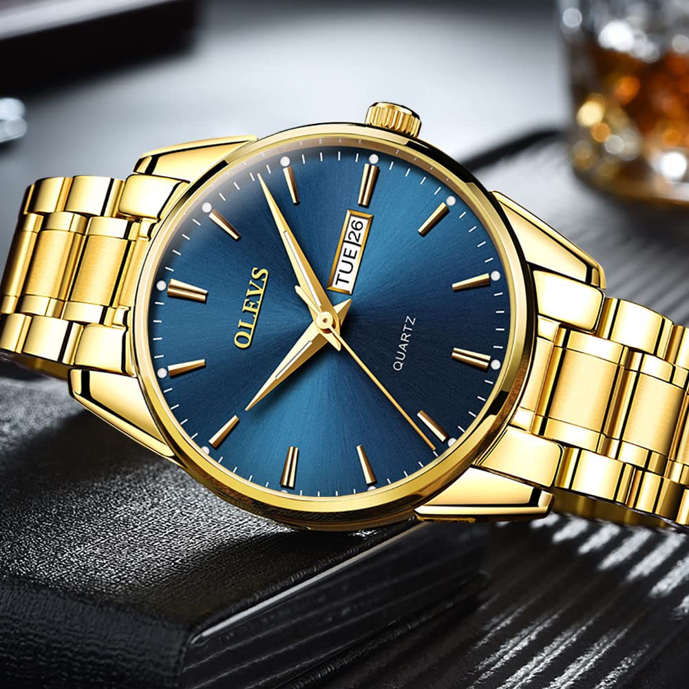 OLEVS Watch for Men Gold Blue Analog Quartz Dress Business Watch Day Date Calendar Stainless Steel Luxury Luminous Waterproof Casual Men Wrist Watches