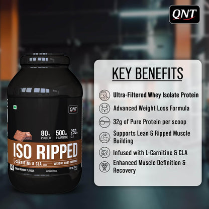 QNT ISO Ripped Whey Protein Isolate Powder | With L-Carnitine & CLA | 32g Pure Whey Isolate per Serving | Supports Lean Muscle Growth & Weight Loss | Choco Brownie Flavor, 1 Kg