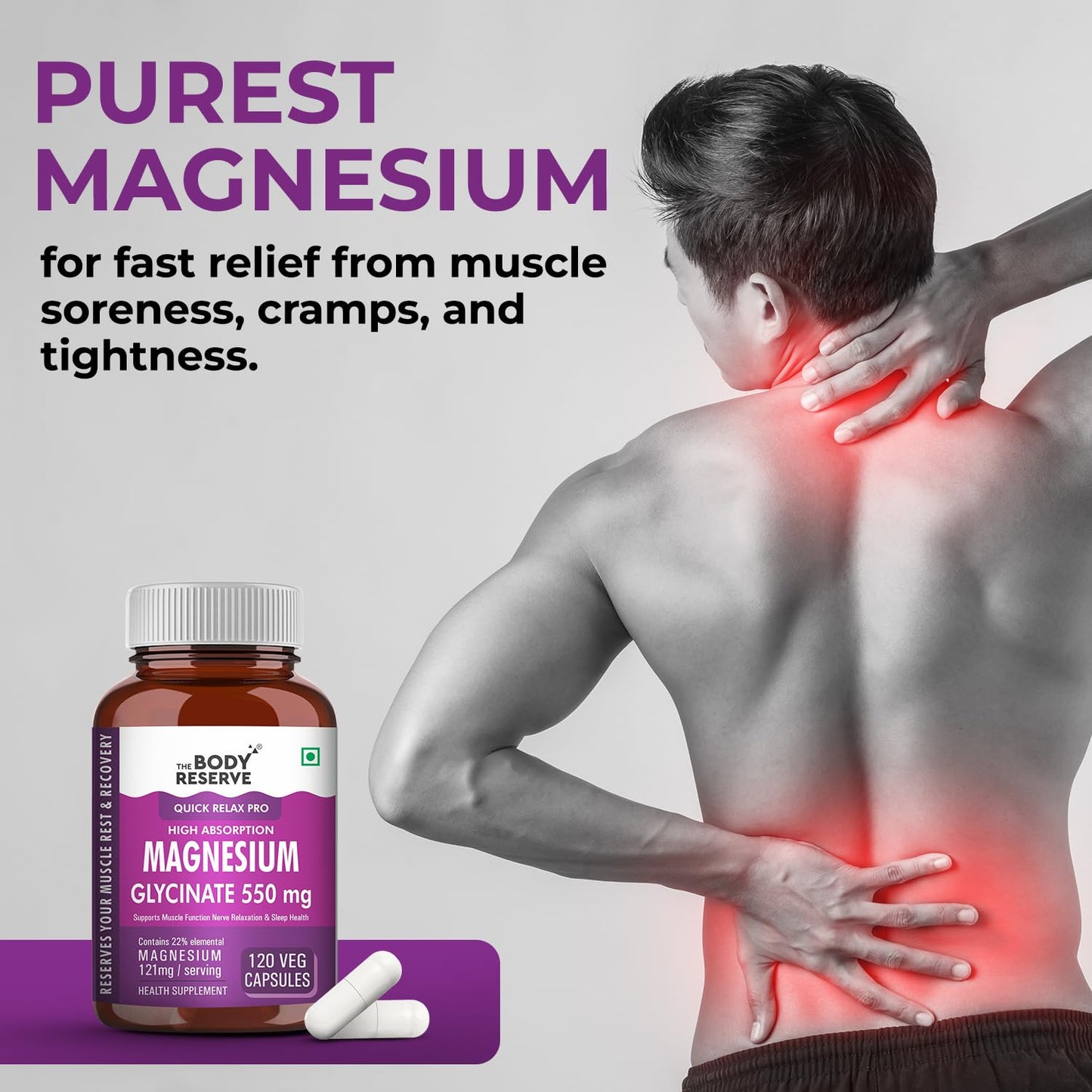 The Body Reserve Magnesium Glycinate Supplement - 120 Vegetable Capsules, 550mg Per Serving, High Absorption Chelated Form - Supports Muscle & Nerve Health, Aids Relaxation for Men & Women