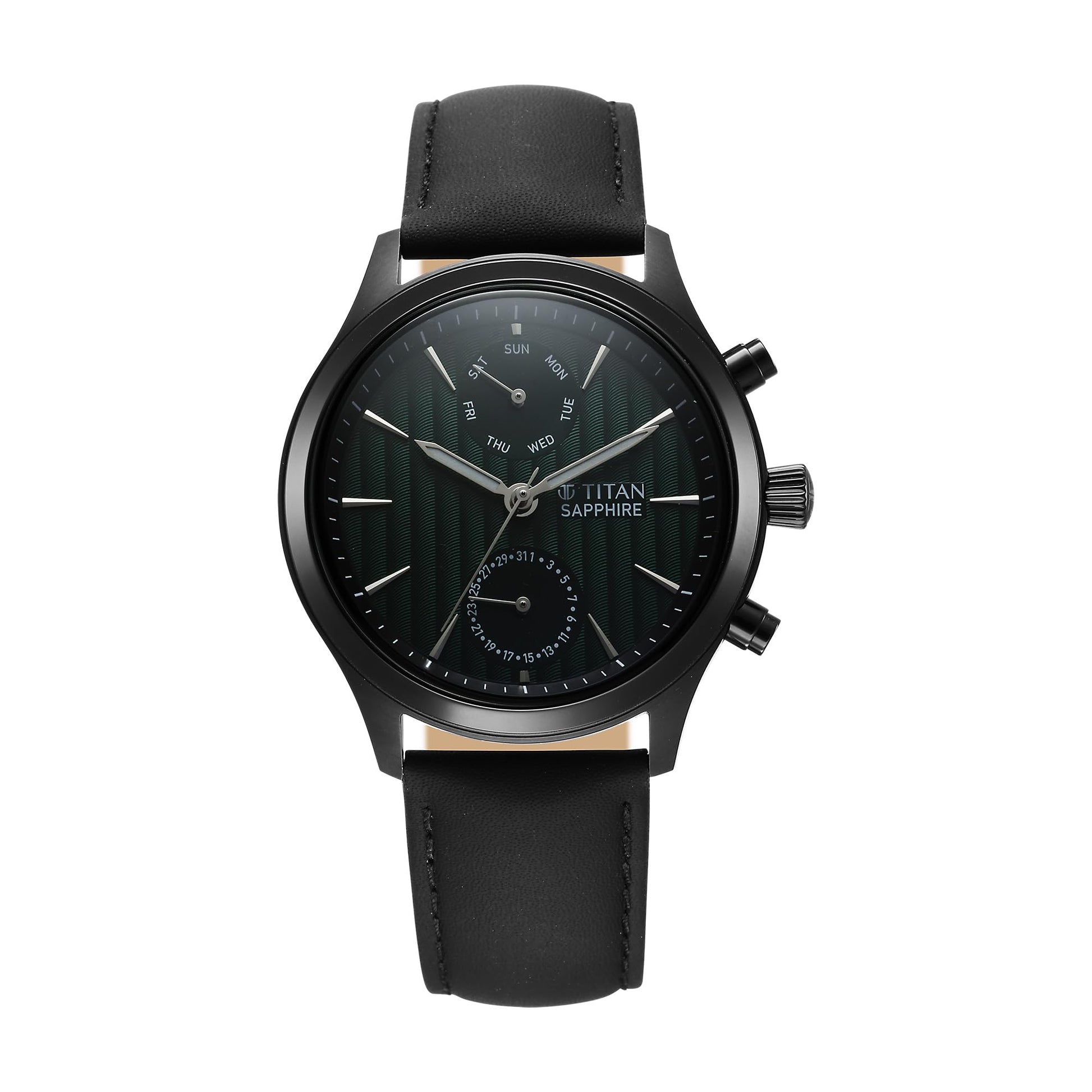 Titan Sapphire Multifunction Quartz Analog with Day and Date Green Dial Leather