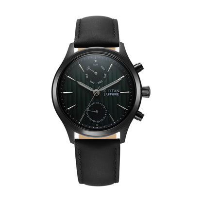 Titan Sapphire Multifunction Quartz Analog with Day and Date Green Dial Leather