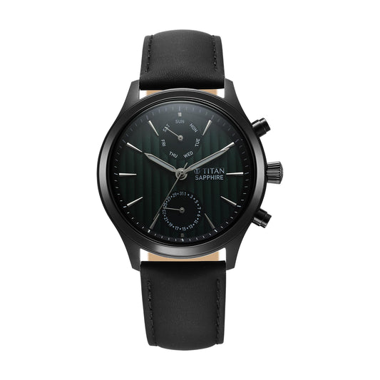 Titan Sapphire Multifunction Quartz Analog with Day and Date Green Dial Leather