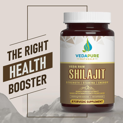 VEDAPURE Shilajit | Raw Shilajit Capsules with Gokhru (Tribulus Terrestris) | Original Gold Shilajit Capsules for Men & Women to built Strength & Stamina | Lab Tested Shilajit-60 Capsules (1)