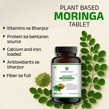 TONIXCENT Moringa Capsules 2000mg Per Serving, 100% Plant Based Drumstick Leaf Powder, Rich in Natural Nutrients & Antioxidants, Daily Wellness Support Capsules for Energy & Immunity, 60 Veg Capsules