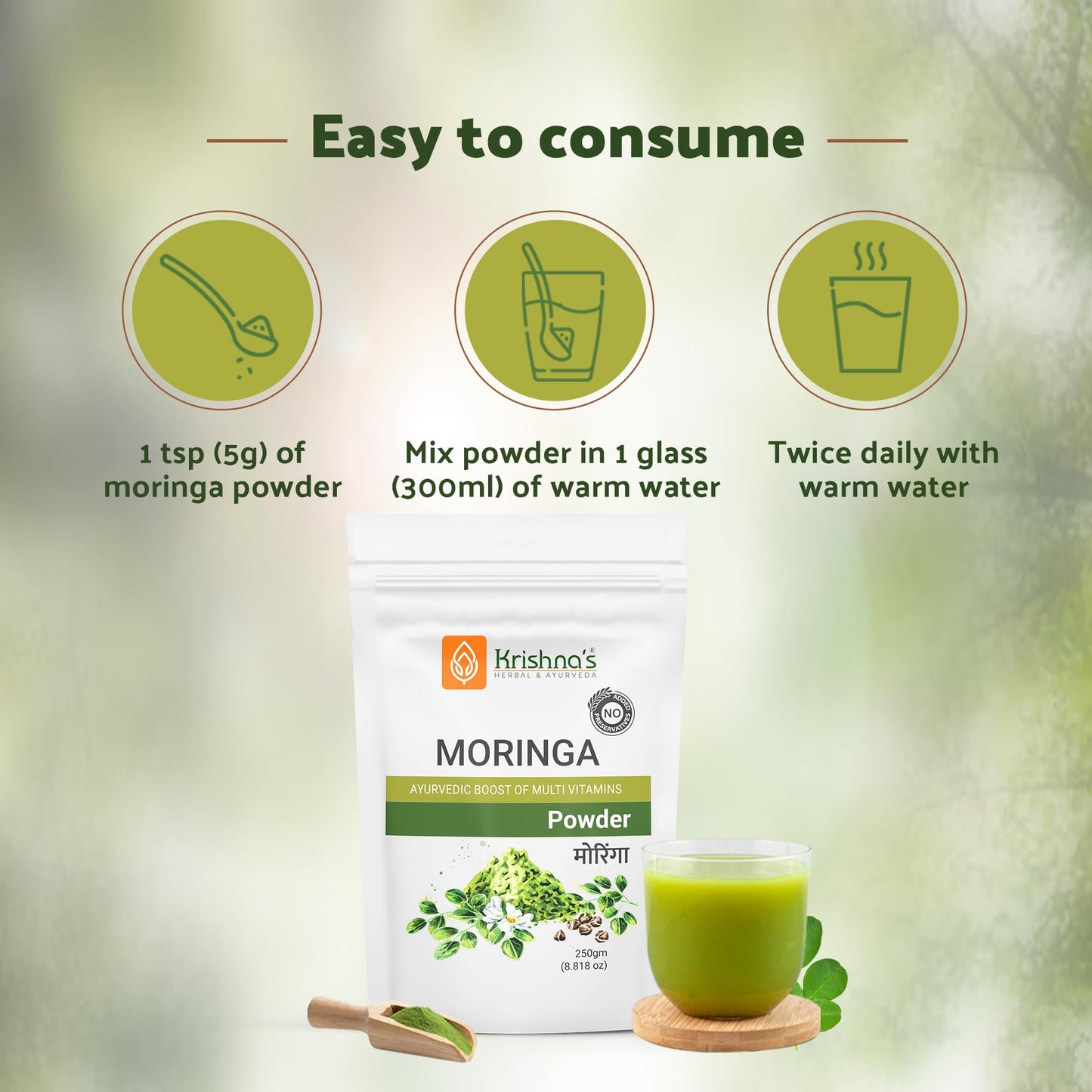 Krishna's Moringa Powder, Rich in essential vitamins, minerals, and amino acids, No Artificial Colors or Flavors - 250 g (Pack of 1)