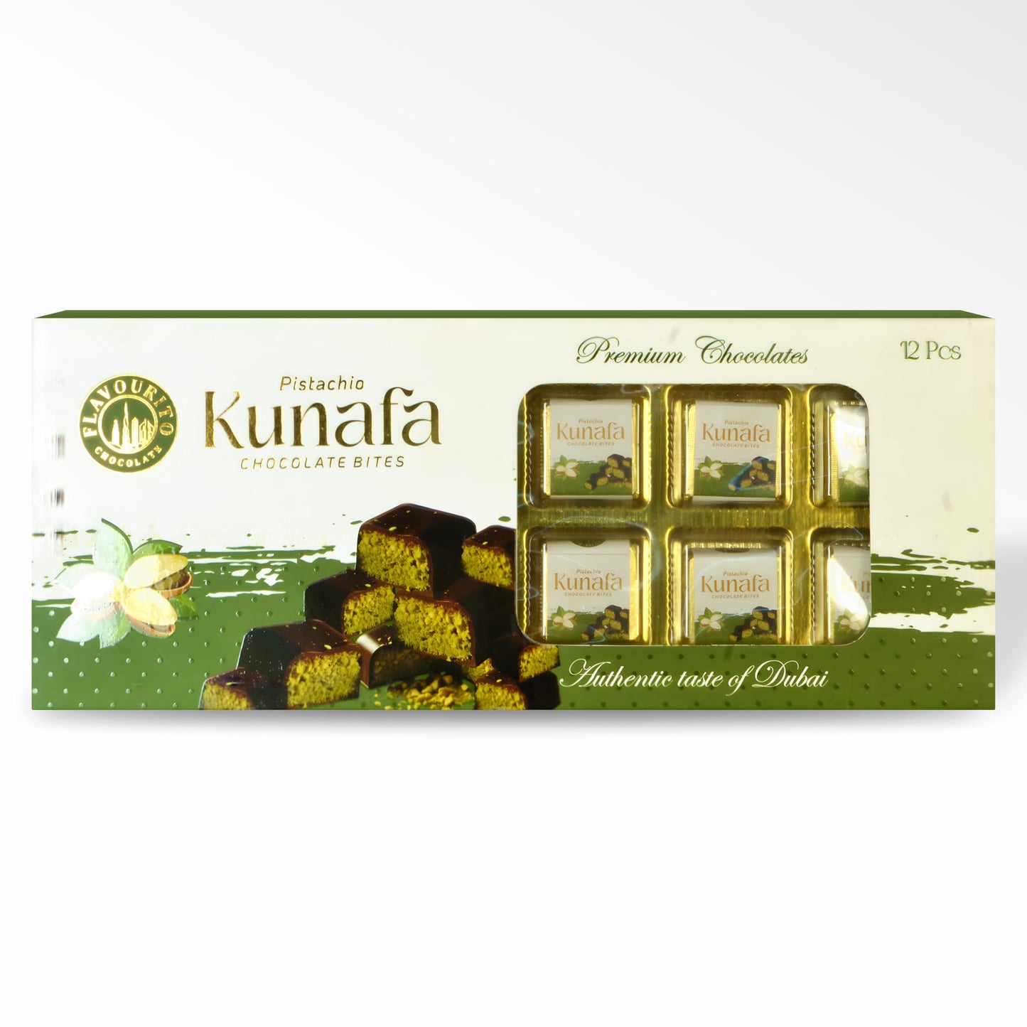 Flavourito Kunafa Chocolate 20g X 12 Pieces Each, Luxurious Dessert Coated, Golden Kunafa (vermicelli) Filled With Rich, Creamy Pistachio Chocolate By DECADENT FOODS