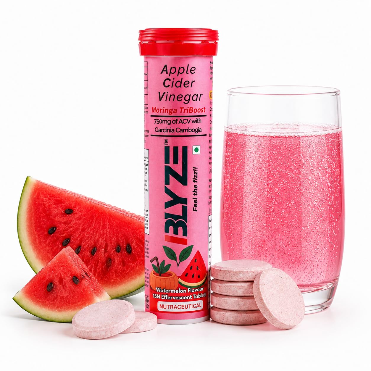 BLYZE ACV Moringa TriBoost, Apple Cider Vinegar 750mg with Moringa, Control Cravings and Weight Management, No Added Sugar, Effervescent Tablets, Watermelon Flavour, Pack of 1 (15 Tablets)