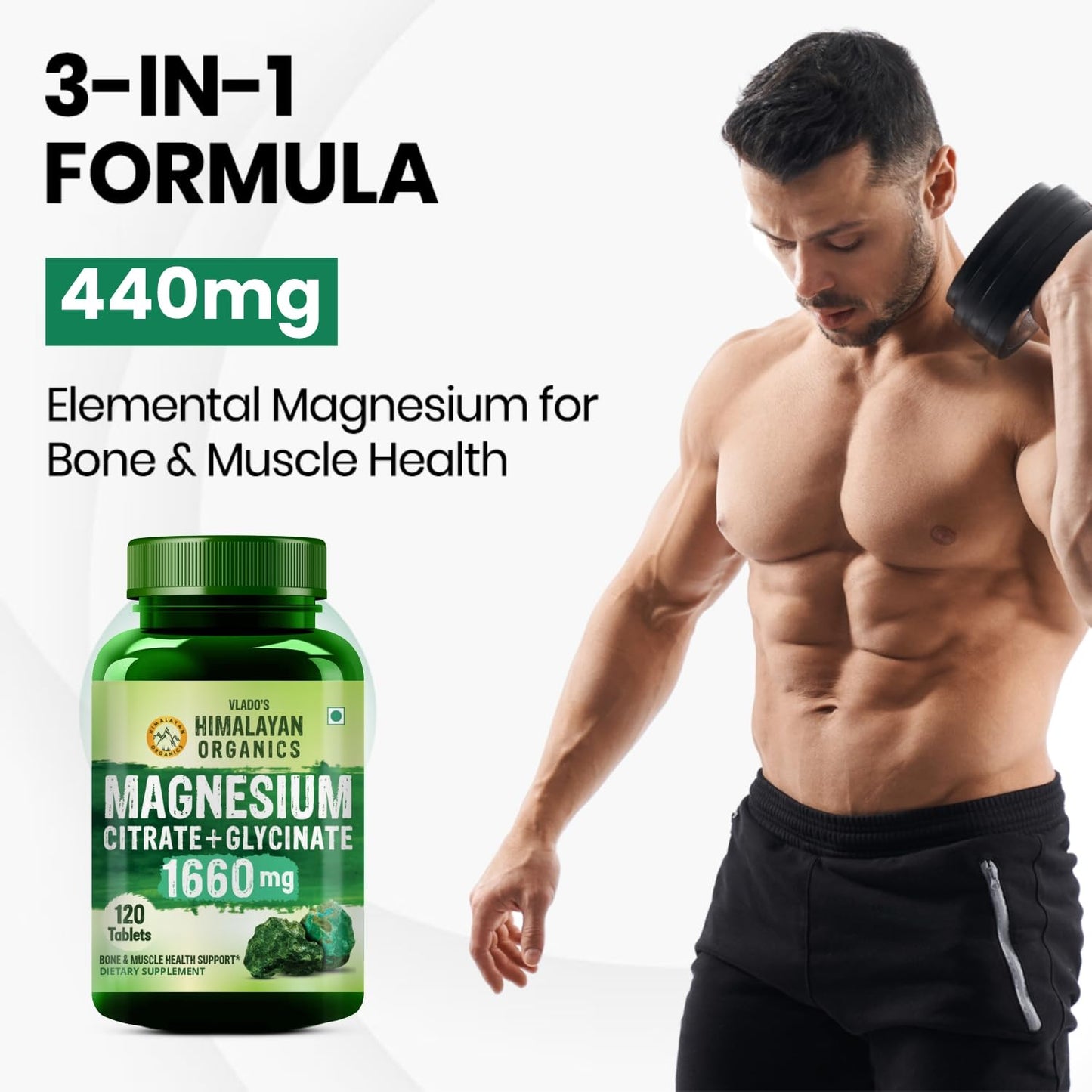 Vlado’s Himalayan Organics Magnesium Citrate + Glycinate + Oxide Complex 1660 mg Supplement For Men And Women | Boost Heart, Nerve & Muscle Health | Good For Strong Bones | Maintain Sugar Level - 120 Vegetarian Tablets