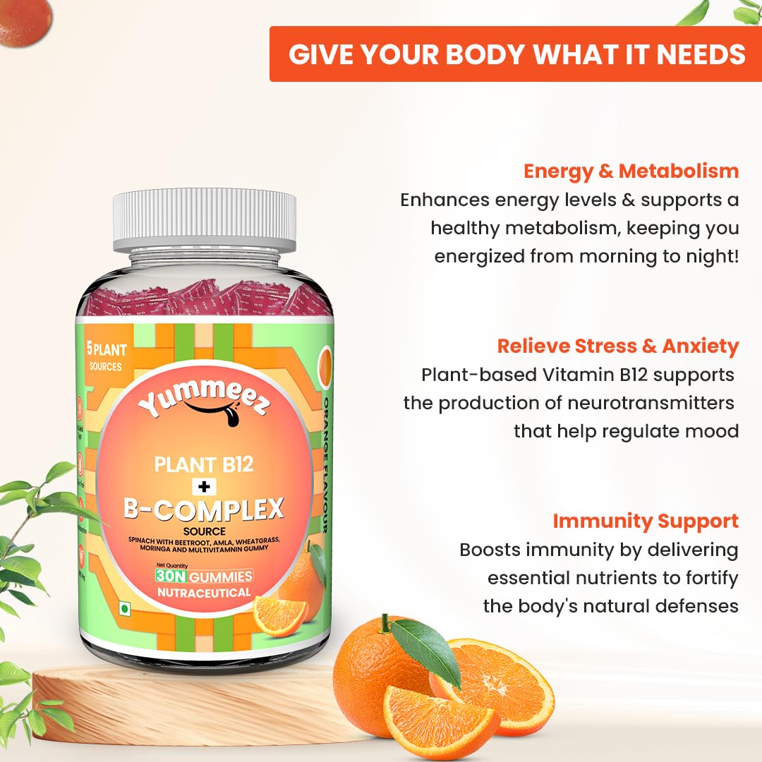 NATURYZ Plant-Based Vitamin B12 + B Complex Multivitamin Gummies for Vegetarians | Natural Energy, Better Mood & Metabolism Support | Fortified with Spinach, Moringa & Beetroot | Enhanced Absorption & Bioavailability | No Gelatin, No Added Sugar- 30 gummi