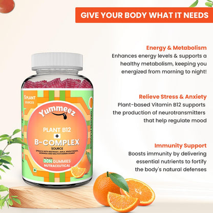 NATURYZ Plant-Based Vitamin B12 + B Complex Multivitamin Gummies for Vegetarians | Natural Energy, Better Mood & Metabolism Support | Fortified with Spinach, Moringa & Beetroot | Enhanced Absorption & Bioavailability | No Gelatin, No Added Sugar- 30 gummi