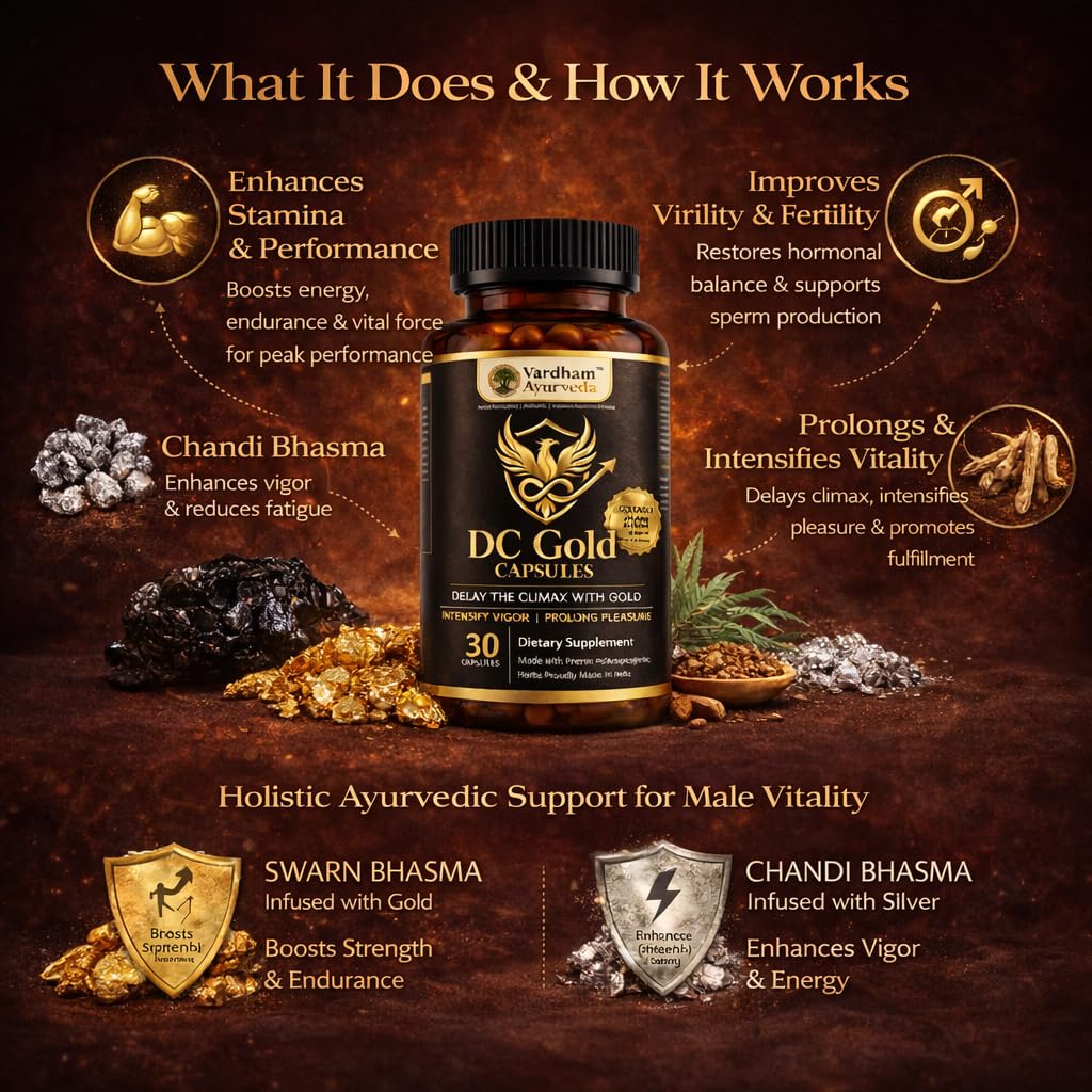 Vardham Ayurveda DC Gold Capsules | Ayurvedic Male Vitality & Fertility Support | Swarn Bhasma, Shilajit, Safed Musli & Kaunch Beej | Stamina, Strength & Sperm Health Support | 30 Capsules