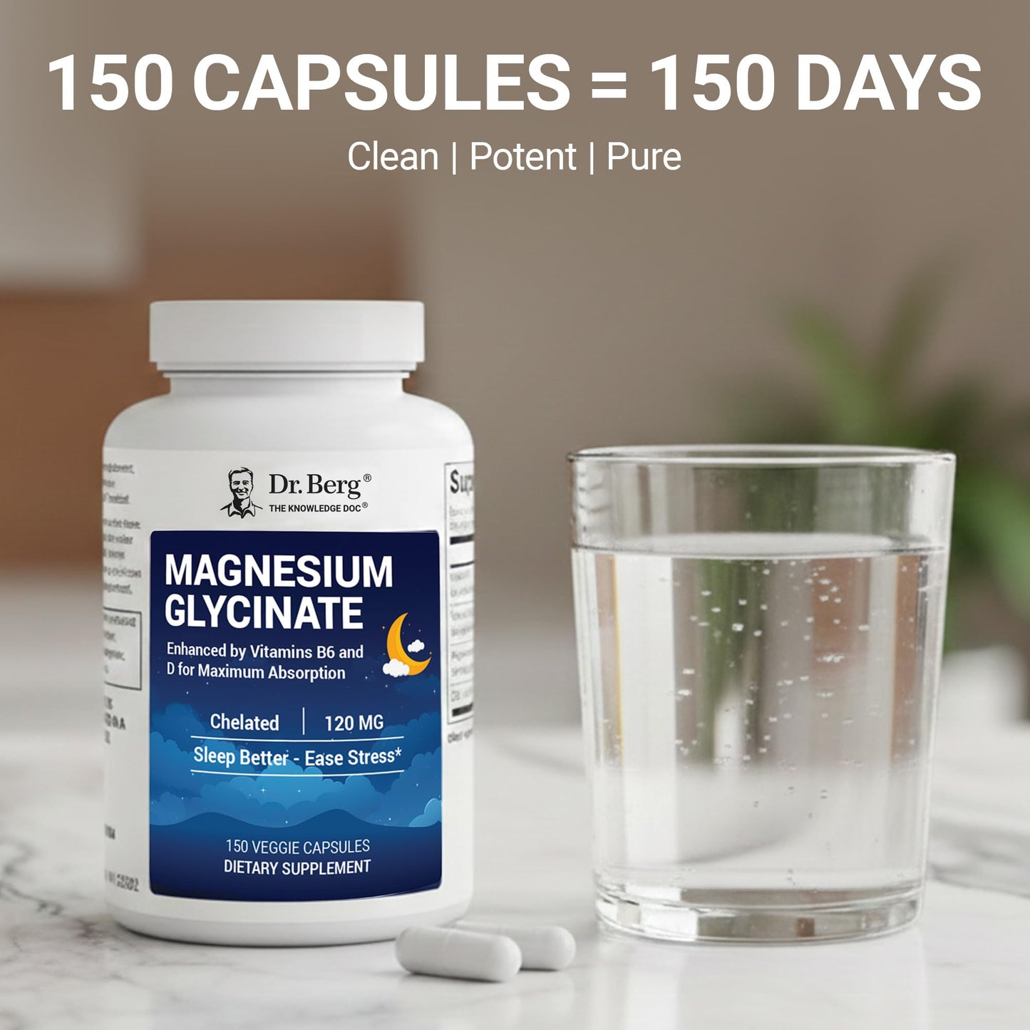 Dr. Berg Magnesium Glycinate with Vitamins D3, B6 & Zinc – 120mg Magnesium per Serving, 150 Capsules