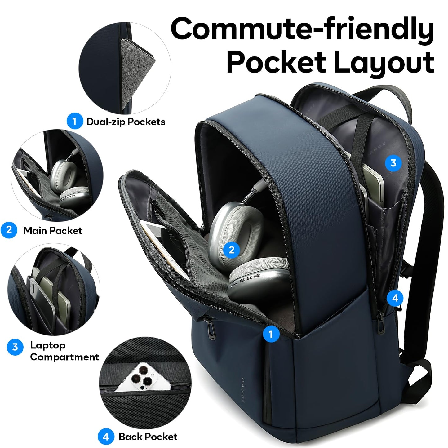 BANGE Durable Business Smart Backpack for Men and Women，can holds 15.6 Inches Laptop Backpack, Waterproof Commute Work Travel Backpack, Flight Carry-On (blue)