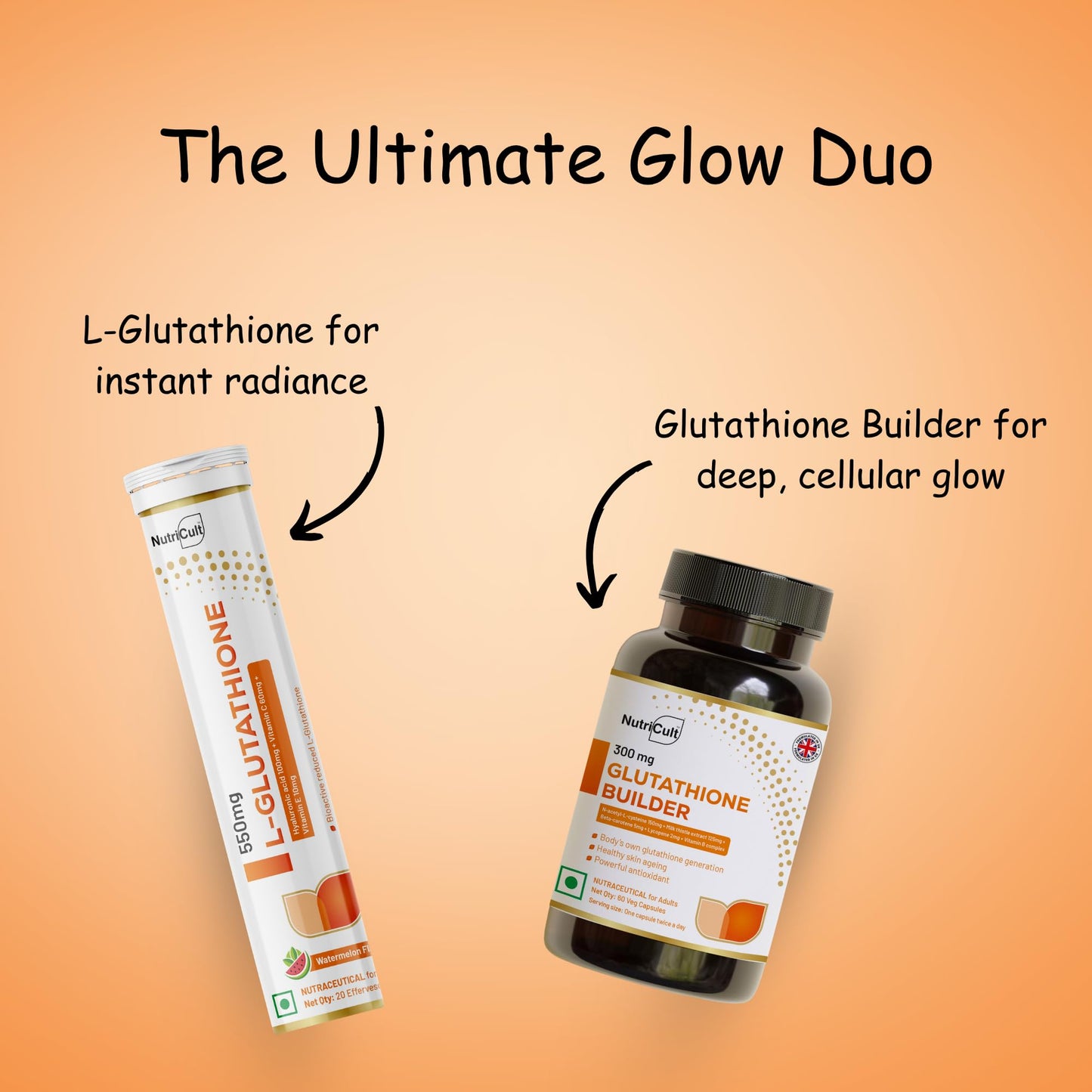 L-Glutathione 550mg - 20 Effervescent Tablets + Glutathione Builder 60 Capsules | Glowing Skin & Detox Combo With NAC, Vitamin C, Milk Thistle, Hyaluronic Acid | Skin Glow Supplements