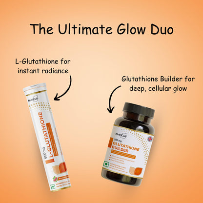 L-Glutathione 550mg - 20 Effervescent Tablets + Glutathione Builder 60 Capsules | Glowing Skin & Detox Combo With NAC, Vitamin C, Milk Thistle, Hyaluronic Acid | Skin Glow Supplements