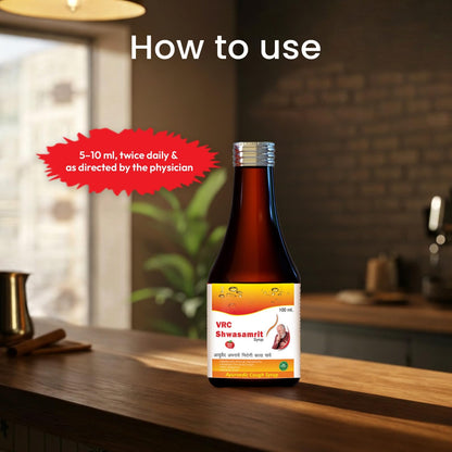 VRC Healthcare Shwasamrit Syrup 100ml | Ayurvedic Supplement with Tulsi, Pippali & +14 Herbs | Relief from Dry, Soothes Throat Irritation & Cold Cough | Non-Sedative & Non-Alcoholic Syrup (Pack of 2)