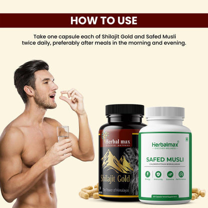 Herbalmax Shilajit Gold Capsule with Safed Musli 800mg – 90 Capsules Combo of 2 | 100% Natural Ayurvedic Supplement for Energy, Stamina, Strength & Vitality for Men & Women