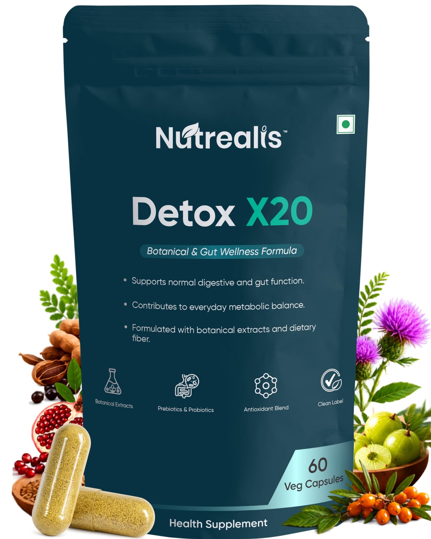 Nutrealis Liver Detox Supplement with Milk Thistle, Amla, Probiotics & Prebiotics (60 Veg Capsules) | Liver Gut & Lung Detox Support | Herbal Liver Cleanse Capsules for Men & Women