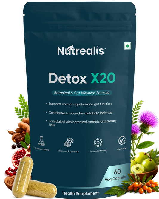 Nutrealis Liver Detox Supplement with Milk Thistle, Amla, Probiotics & Prebiotics (60 Veg Capsules) | Liver Gut & Lung Detox Support | Herbal Liver Cleanse Capsules for Men & Women