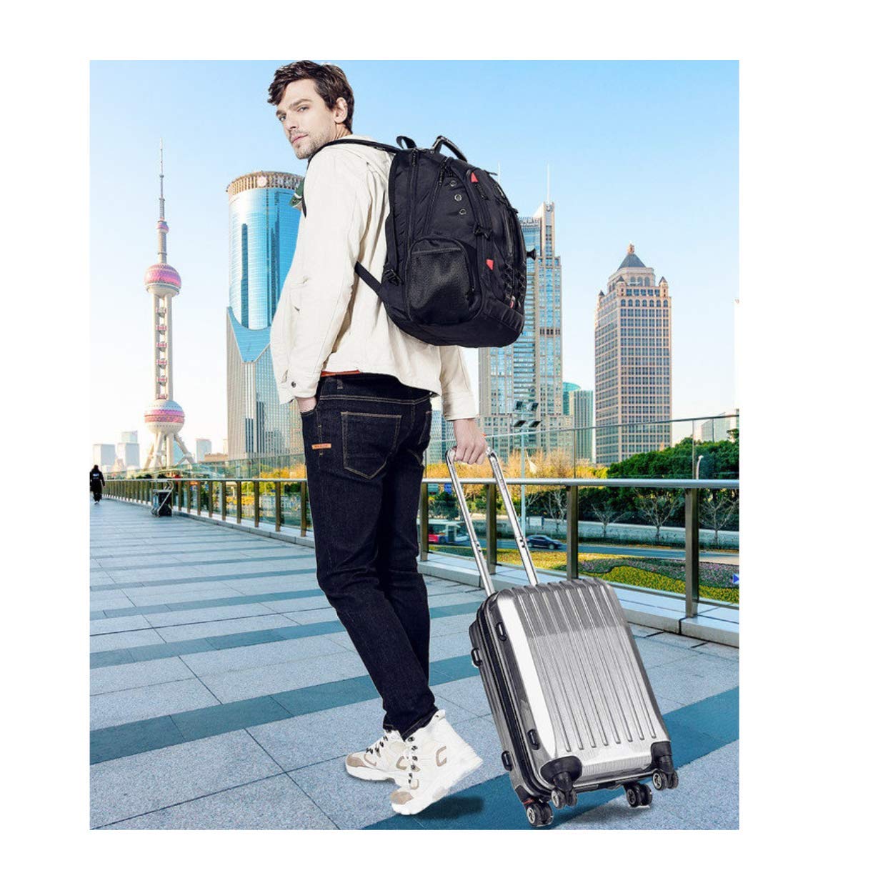 Red Lemon Swisslook Polyester Bange Series 40 to 45L 15.6-inch Laptop Bags Backpack for Men and Women Water-Resistant USB Anti Theft Travel Backpack -Black
