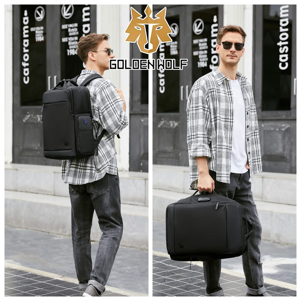 ah arctic hunter Golden Wolf Office Backpack for Men 26-38L TSA Lock Expandable Clothing Pocket Anti-theft Bag with Lock USB Port 17.3" Business Laptop Backpack for College Daily, Black