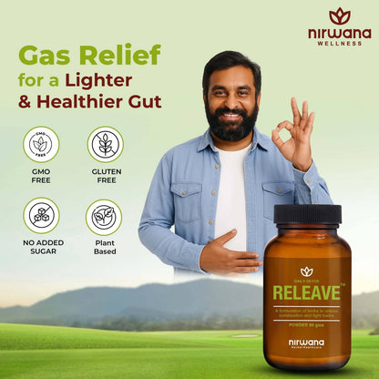 Nirwana Releave Powder for Constipation,Gas, Acidity & Bloating Relief | Natural Herbal Gut Cleanse & Detox | Soothes Digestive Tract | No Cramps or Diarrhoea | 100% Herbal Formula | 80g (Pack of 2)