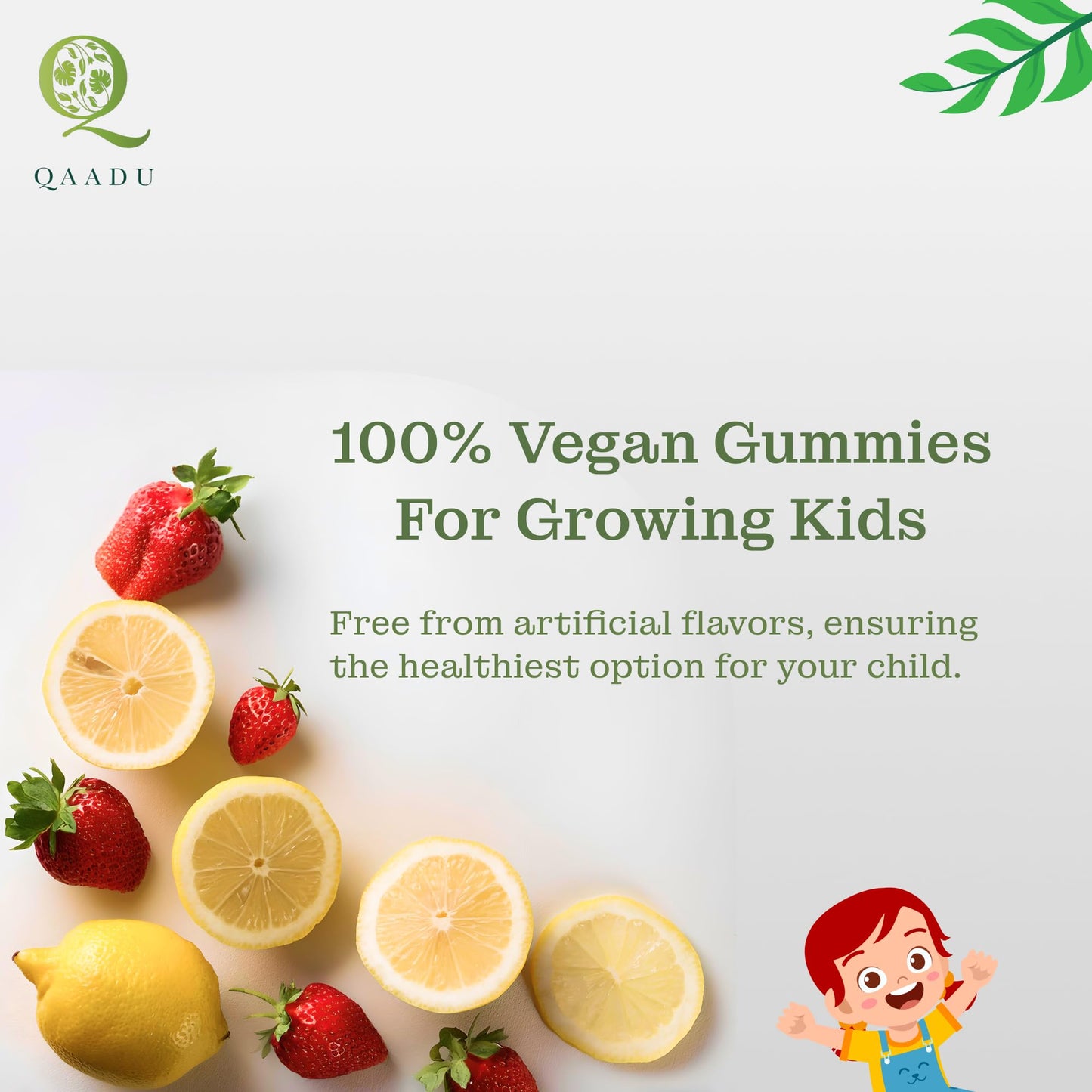 Qaadu Kids Multivitamin Gummies pack 2 | 60 X 2Gummies | Vitamins A, C, D, E, B12, Zinc | Daily Health, Energy Boost, Immune Support | Strawberry & Lemon Flavor | Power & Strength Gummies