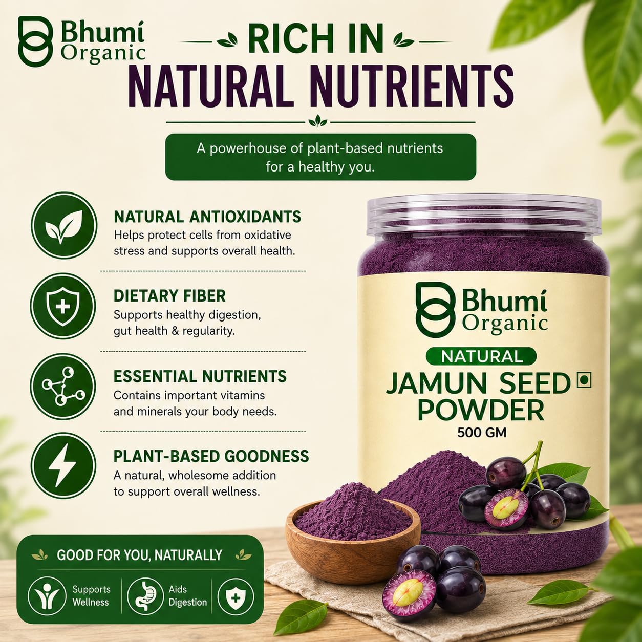 Bhumi Organic Ayurveda Jamun Seed Powder for Diabetes - 500 Grams - Pure Natural Herbal Supplement