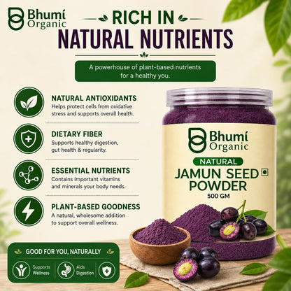 Bhumi Organic Ayurveda Jamun Seed Powder for Diabetes - 500 Grams - Pure Natural Herbal Supplement