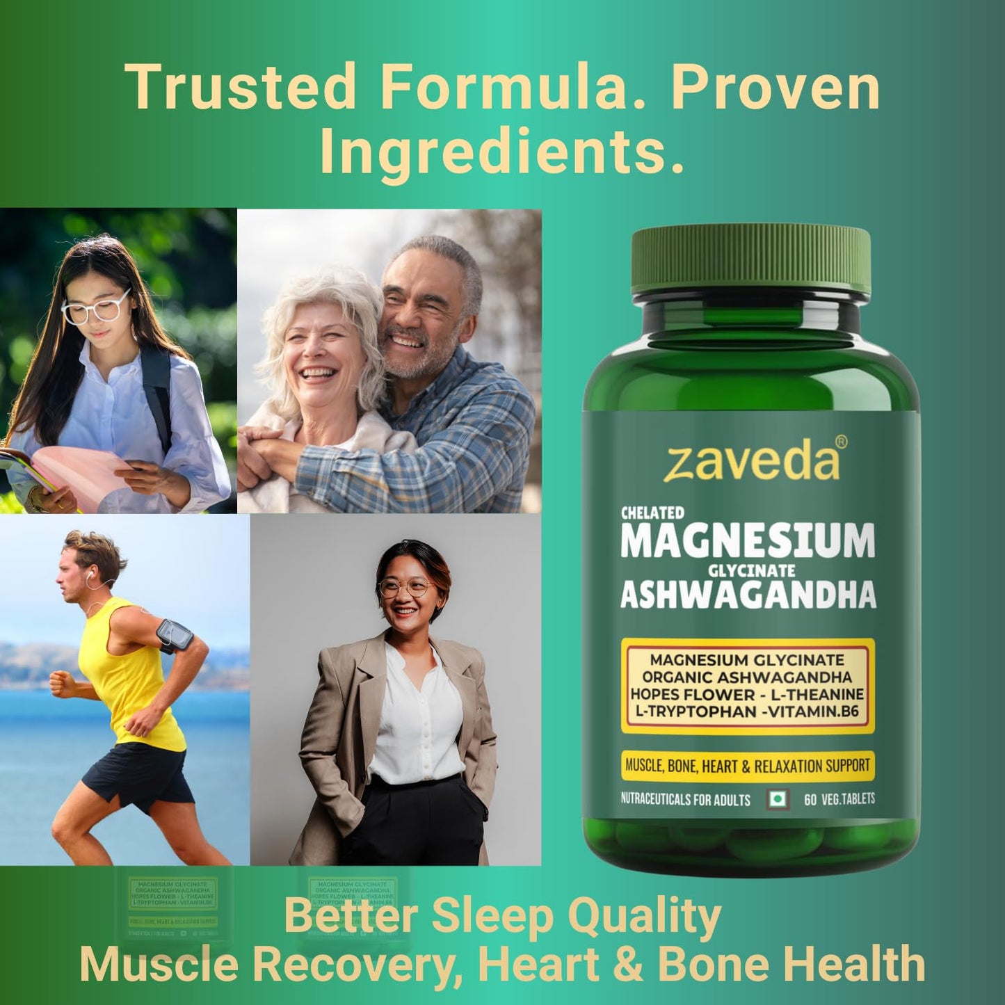 Zaveda Magnesium Glycinate Ashwagandha Tablets with Hopes flower, Vit. B6, L-Theanine, L-tryptophan & zinc | Highly Advanced Plant based formula | Muscle Recovery, Sleep & Nerve halth | 60 VegTablets