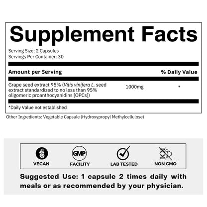 FOLIUS LABS Grape Seed Extract 500mg - 95% OPCs Polyphenols - High Strength Grape Seed Supplement - Support cardiovascular health – 60 Capsules