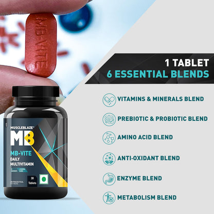 MuscleBlaze MB-Vite Daily Multivitamin (30 Tablets) | With 51 Ingredients & 6 Blends, Vitamins & Minerals, Prebiotic & Probiotics, Amino Acid Blends | For Energy, Stamina & Recovery