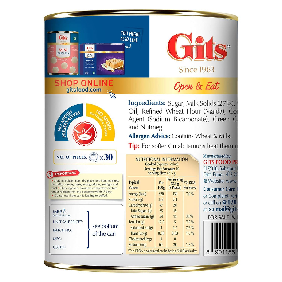 Gits Open & Eat Mini Gulab Jamun, 30 Pieces Per Can, Mouth-Watering Indian Mithai, 1Kg