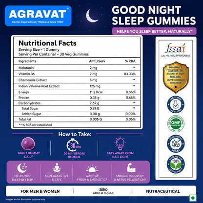 AGRAVAT® Good Night Sleep Gummies - helps you Better Sleep and Non-Addictive | Wake Up Fresh & Energetic | Muscle Recovery & Nerve Relaxation for Men & Women | ZERO Added SUGAR | 30 Gummies