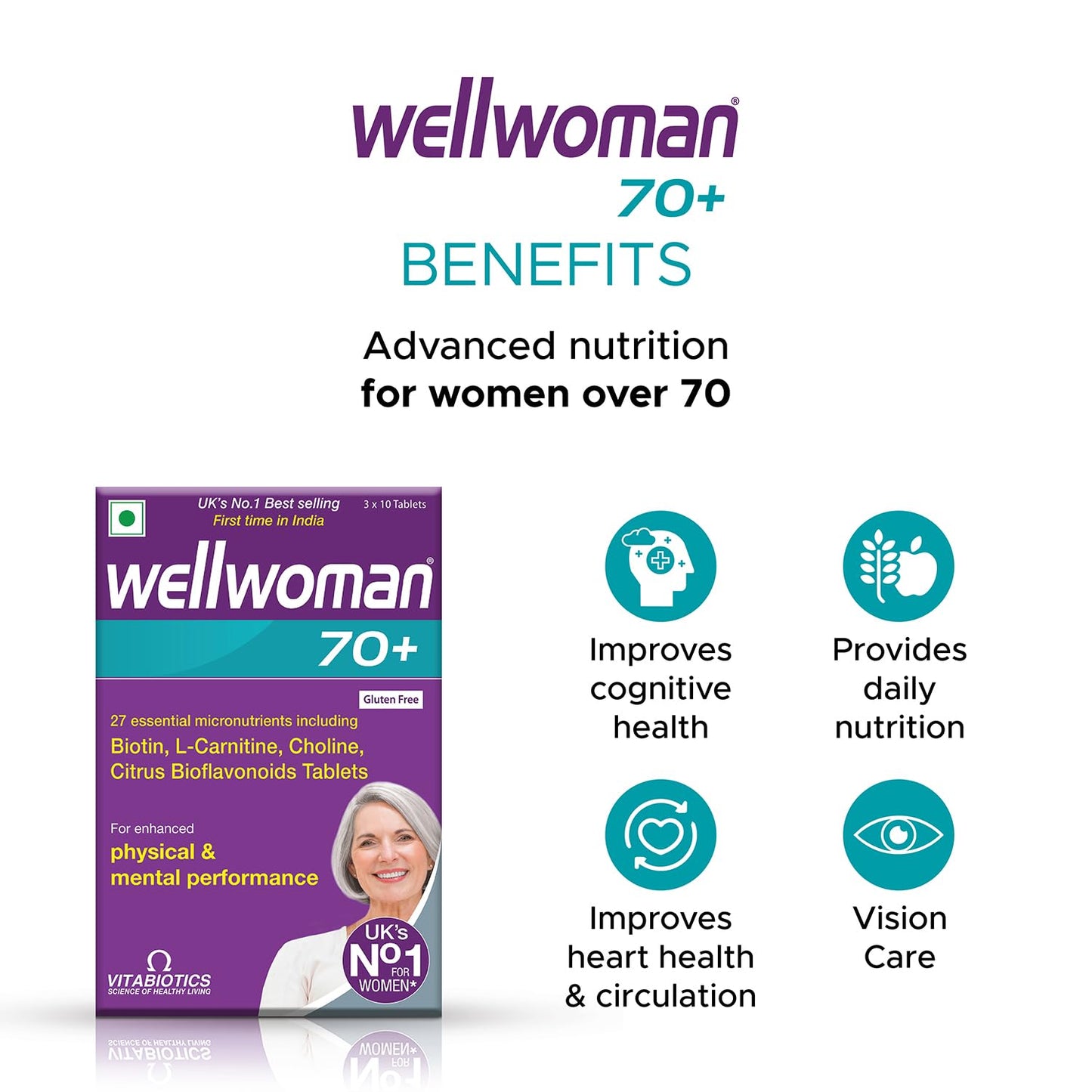 WELLWOMAN 70+ Multivitamins For Women Over Age 70 With Biotin, Isoflavones, Zinc, Vitamind To Support Physical & Mental Health, Improve Cognitive Function & Energy Levels Vegetarian 30 Tablets