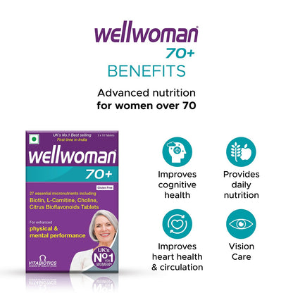 WELLWOMAN 70+ Multivitamins For Women Over Age 70 With Biotin, Isoflavones, Zinc, Vitamind To Support Physical & Mental Health, Improve Cognitive Function & Energy Levels Vegetarian 30 Tablets