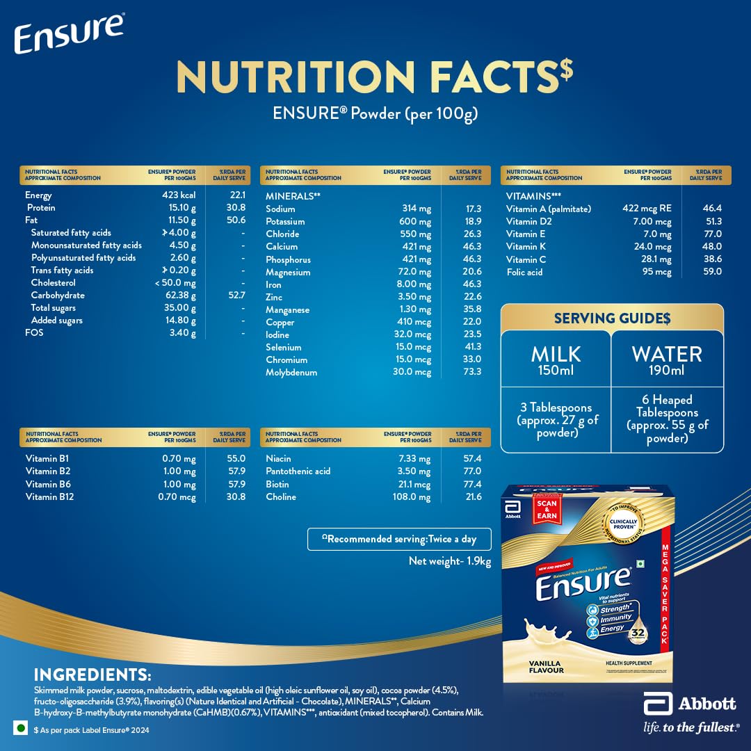 Ensure No 1 Nutritional Supplement Drink in the world 32 nutrients High Protein,Calcium,Vit D, Vanilla 1.9kg