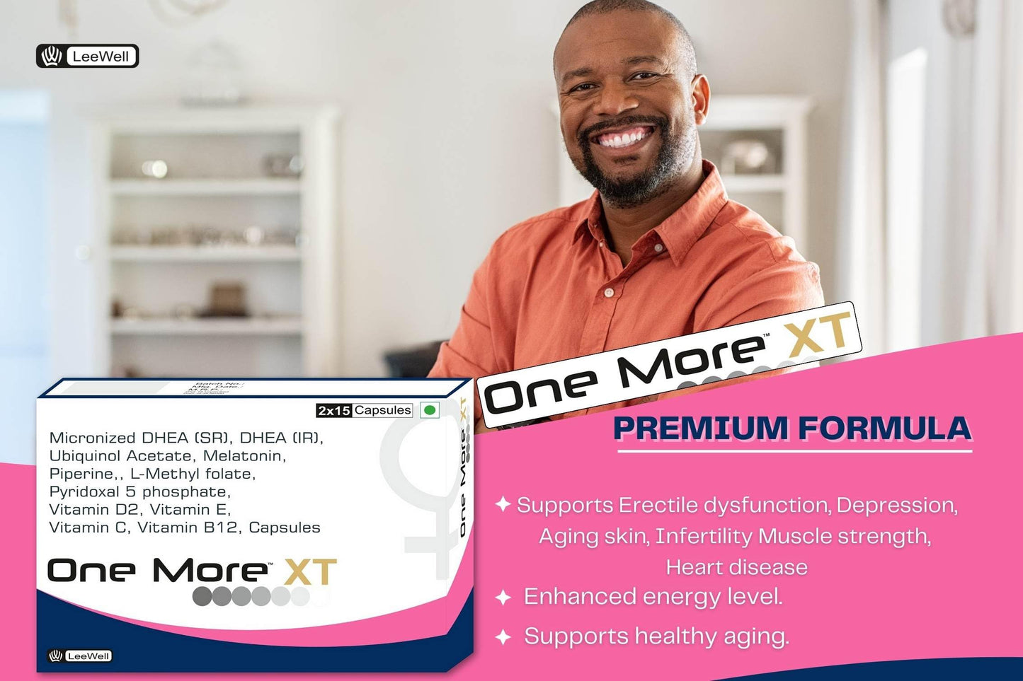 One More XT Sustained Release DHEA 75mg | Dehydroepiandrosterone 75mg (25mg IR+50mg SR) | Ubiquinol Acetate (Coenzyme Q10), Melatonin, L methyl folate, Vitamin E, C, D2, B12, B6, Piperine for men & women -30 Capsules