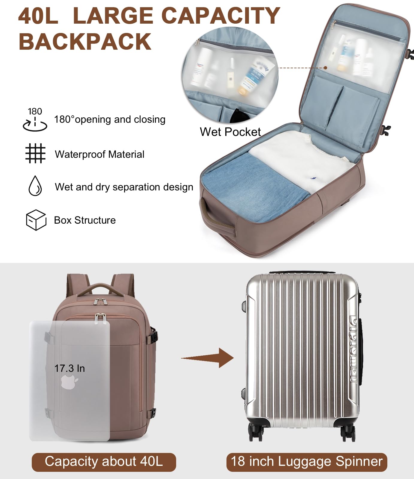 Large Travel Backpack for Women Men, Personal Item Airline Approved,17 Inch Backpack for Travel, Brown, Large, Travel Backpacks