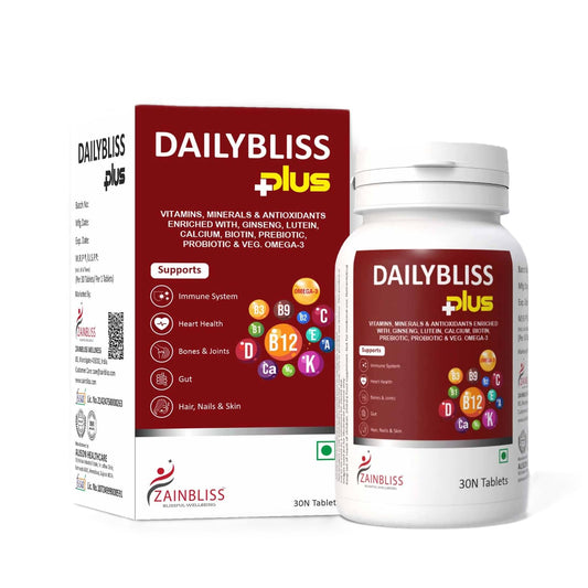 Dailybliss Plus Multivitamin Tablets – 30 Veg Tablets | With Veg Omega-3, Antioxidants, Vitamin B Complex, Calcium, Vitamin D, Biotin, Prebiotic & Probiotic | Daily Health Supplement for Energy, Immunity, Hair, Skin & Bone Support