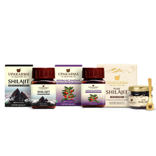 UPAKARMA Combo Pack of 90 Ashwagandha Extract Capsules, 90 Shilajit Extract Caps