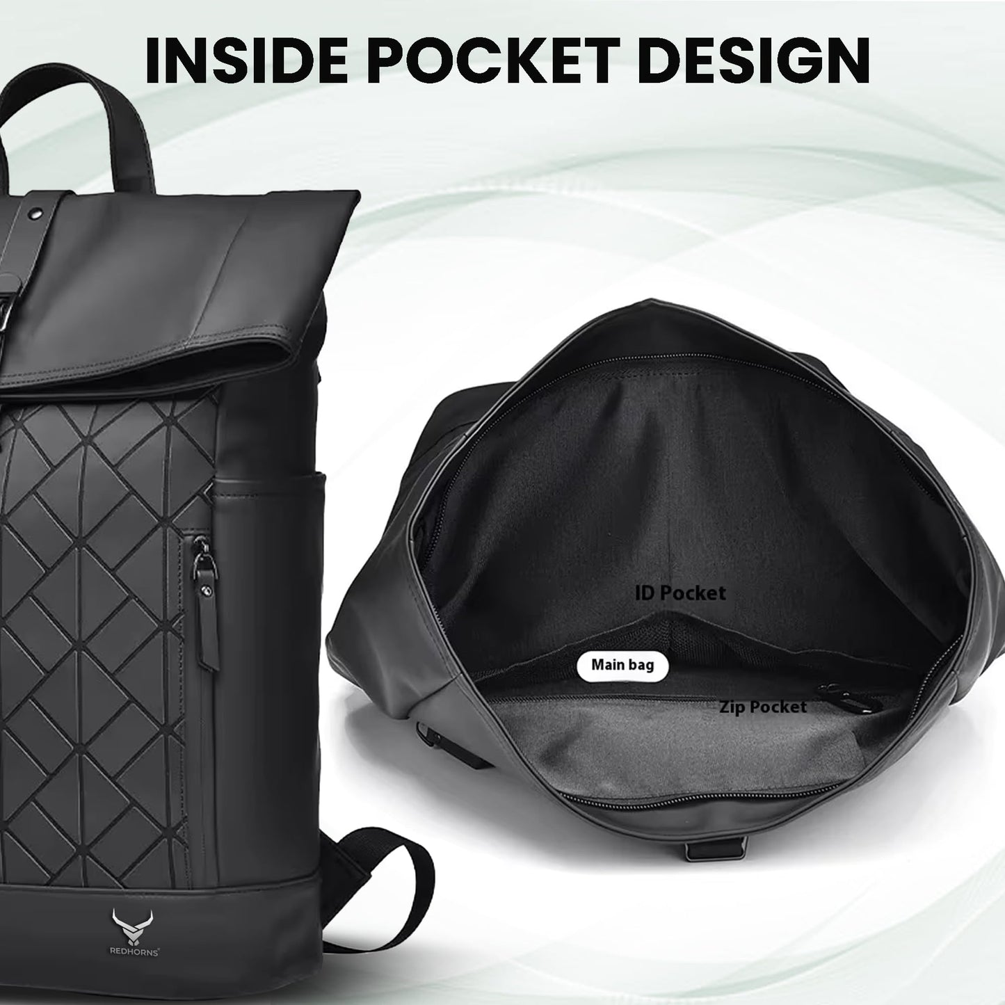 REDHORNS 30L Waterproof 15.6-inch Laptop Roll Top Backpack for Men and Women, Unisex PU Leather Laptop Bag for Office, School, College, Business Bag with Multiple Compartments (Black)