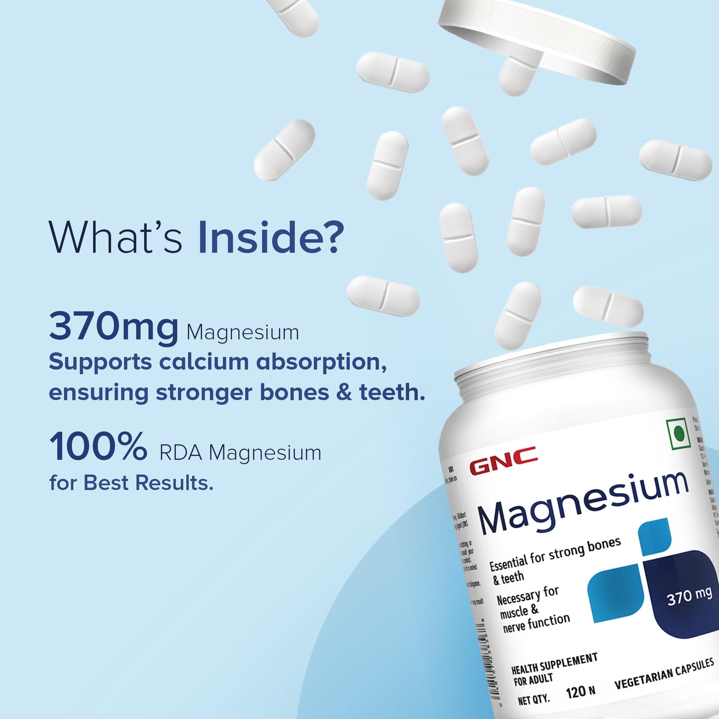 GNC Magnesium 370mg | 120 Veg Capsules | For Bone Strength, Muscle & Nerve Function, Stress Relief, Improved Sleep, Mood Elevation, Essential Mineral for Calcium Absorption & Cell Function