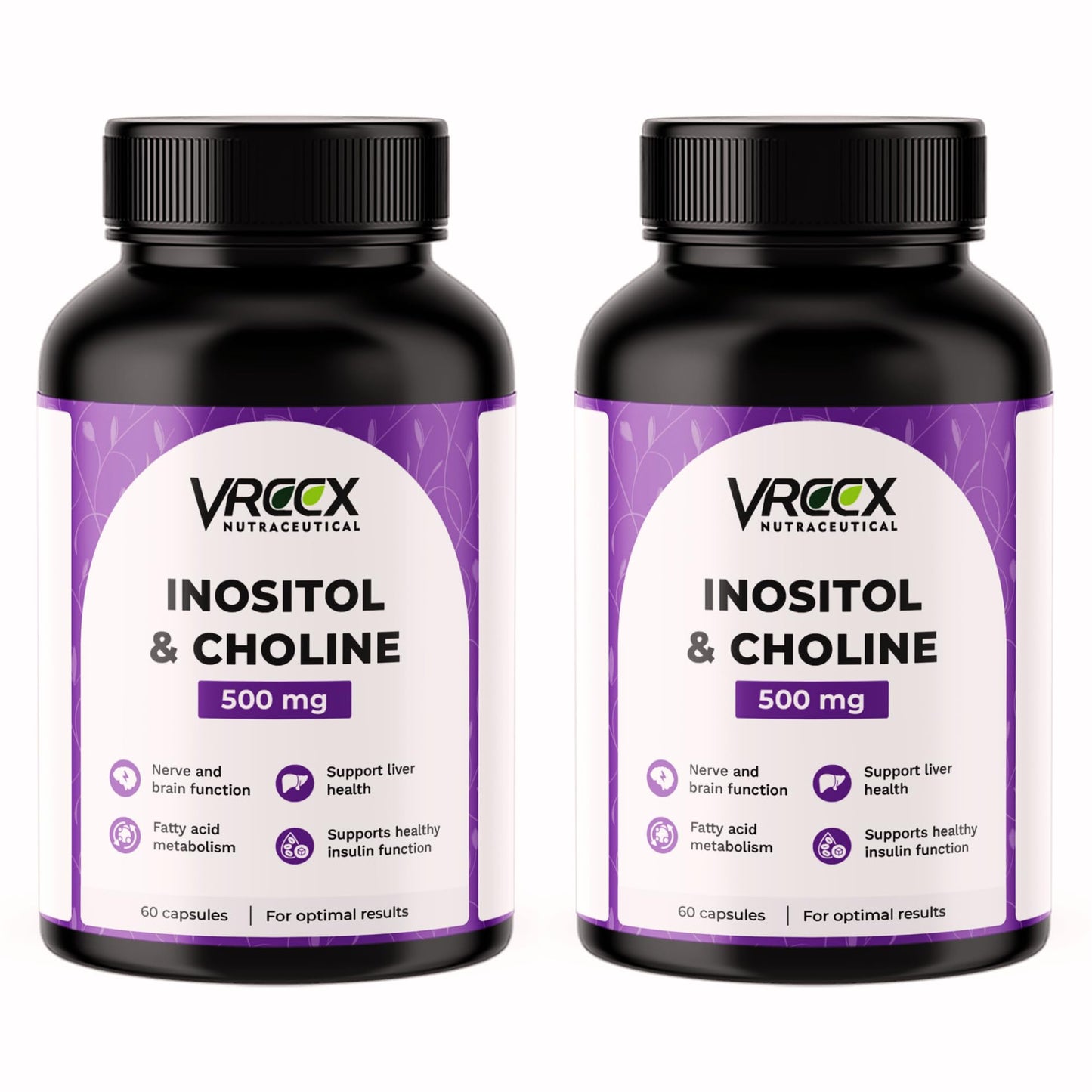 VREEX Choline & Inositol 500 mg – Supports Brain Function, Liver Health & Fat Metabolism, Nootropic Supplement- 60 Veg Capsules (Pack of 2)