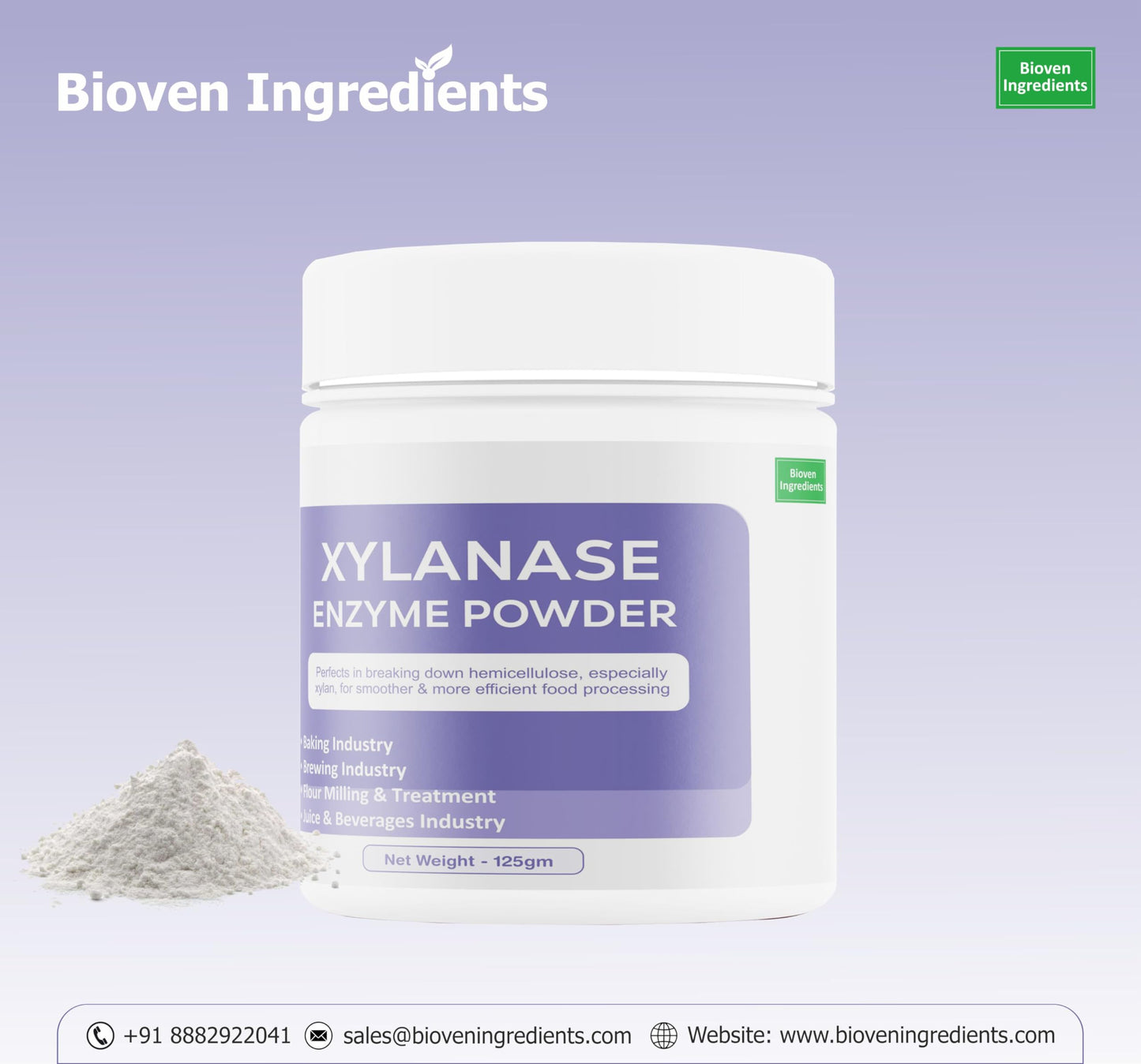 Bioven Ingredients Fungal Xylanase Enzyme Powder (gm, 125), Dietary Supplements/Food and Beverages, Broad pH Range of Activity, Excellent Thermostability, Degrades Xylans, No Filters/Binder