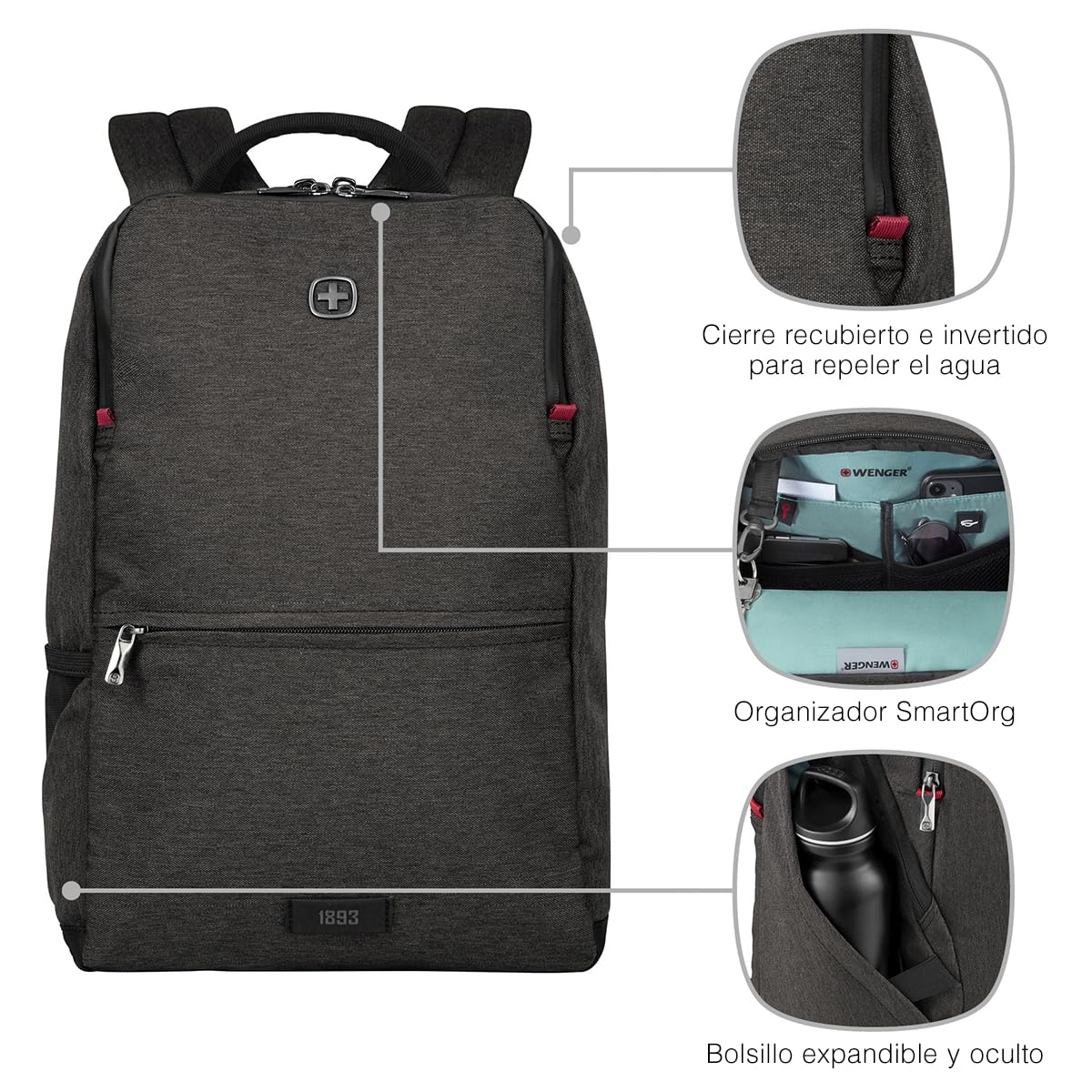 WENGER, MX Reload 14 Inch Backpack, 17 Liters Heather Grey Swiss Designed-Blend of Style and Function, 611643