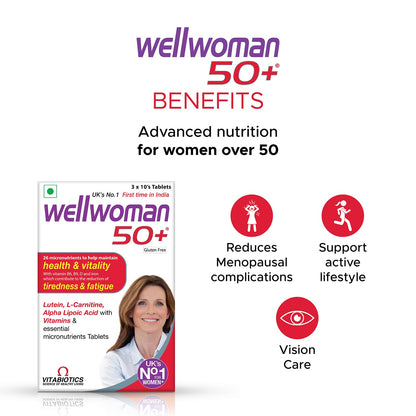 Wellwoman 50+ multivitamins for women over age 50 years with Vitamins, Iron, calcium, amino acids to support menopausal symptoms, maintain energy, Vision & Heart health| Vegetarian 30 Tablets