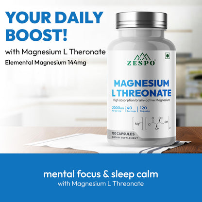 ZESPO Magnesium L-Threonate 2000mg Per Serving (144mg Elemental Magnesium) | 120 Vegetarian Capsules | Magnesium Supplement for Nerve & Muscle Function | 40 Servings