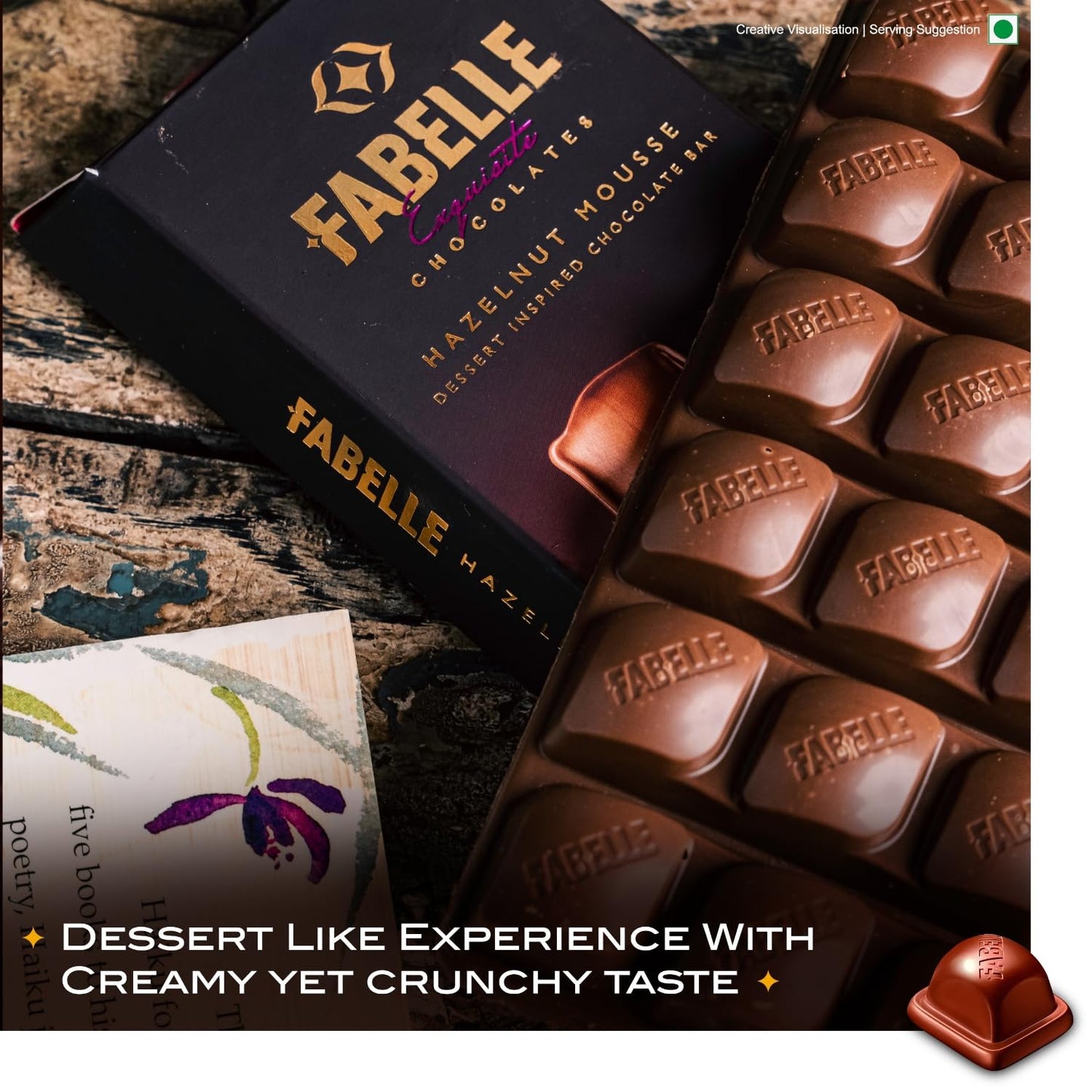 Fabelle Hazelnut Mousse, Centre-filled Luxury Chocolate Bar with Cocoa Mousse and Roasted Turkish Hazelnut Bits, 128g